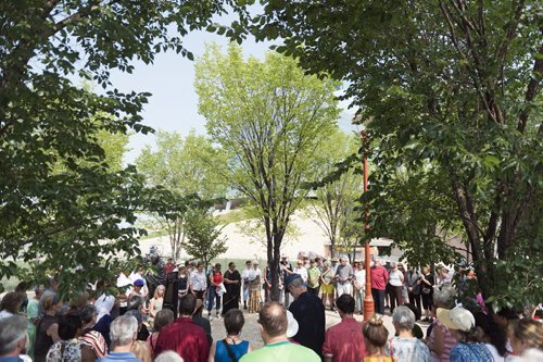 Multi-faith and human right groups gathered for a circle of silent contemplation at the Forks Gandhi statue onTuesday afternoon to reflect on the violence happening in places such as Gaza, Ukraine and support peace. Sarah Taylor / Winnipeg Free Press August 5, 2014