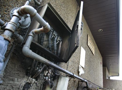 News reports say the Windsor Community Centre at 99 Springside Dr. in St. Vital  was extensively  damaged by a fire Wednesday night. Burnt out electrical box outside the Centre.  Wayne Glowacki/Winnipeg Free Press August 7 2014
