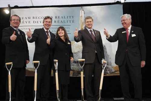 WAYNE GLOWACKI/WINNIPEG FREE PRESS   At (left to right) Deputy Mayor Justin Swandel, Premier Gary Doer, Gail Asper, Prime Minister Stephen Harper and Arni Thorsteinson after the ceremonial sod turning event  at the site  of the future Canadian Museum For Human Rights at The Forks in Winnipeg.    Bruce Owen     Dec. 19 2008