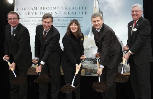 WAYNE GLOWACKI/WINNIPEG FREE PRESS   At (left to right) Deputy Mayor Justin Swandel, Premier Gary Doer, Gail Asper, Prime Minister Stephen Harper and Arni Thorsteinson take part in the ceremonial sod turning event  at the site  of the future Canadian Museum For Human Rights at The Forks in Winnipeg.    Bruce Owen     Dec. 19 2008