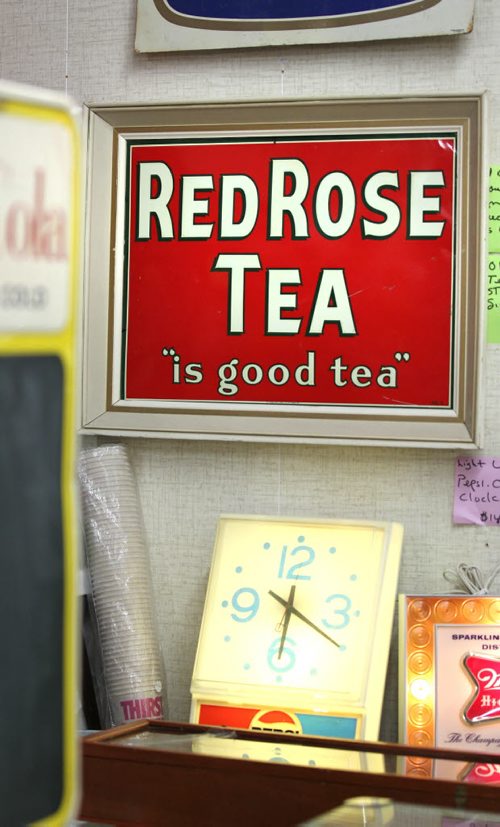 Thirsty's Flea Market on Ellice has eclectic vintage goods.   See Dave Sanderson story.  Red Rose Tea - sign.  Aug 09, 2014 Ruth Bonneville / Winnipeg Free Press