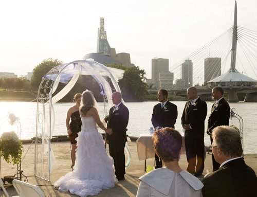 Gerald Lavergne and Shelley Carlson-Lavergne tied the knot on Saturday at the Esplanade Riel Bridge. They are the first couple to wed there. Sarah Taylor / Winnipeg Free Press August 9, 2014
