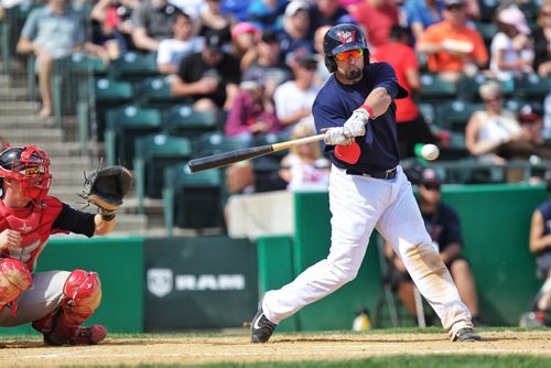 Winnipeg Goldeyes' Jake Blackwood (11) swings at the ball during the afternoon game against the Wichita Wingnuts at Shaw Park.  140810 August 10, 2014 Mike Deal / Winnipeg Free Press