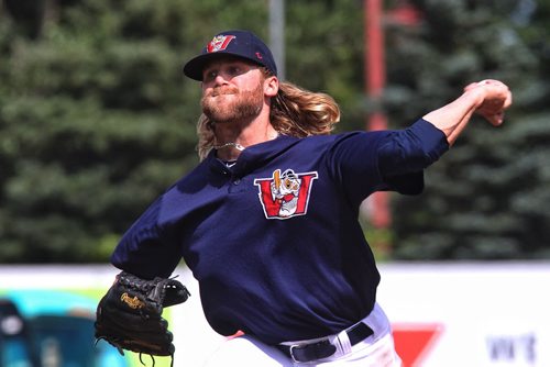 Winnipeg Goldeyes' pitcher Chris Salamida (4) during the afternoon game against the Wichita Wingnuts at Shaw Park.  140810 August 10, 2014 Mike Deal / Winnipeg Free Press