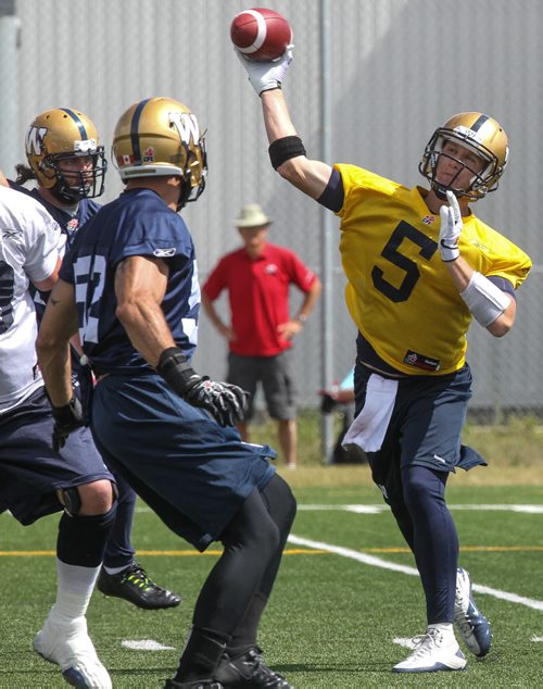 Winnipeg Blue Bombers' QB Drew Willy (5) during practice at Bison Field Sunday afternoon. 140810 - Sunday, August 10, 2014 -  (MIKE DEAL / WINNIPEG FREE PRESS)