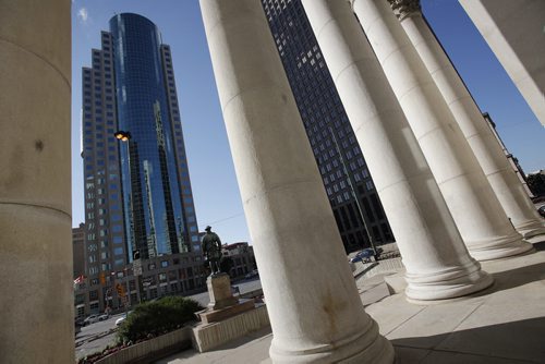 August 11, 2014 - 140811  -  Winnipeg city centre from SE corner of Main and Portage intersection Monday, August 11, 2014.  John Woods / Winnipeg Free Press