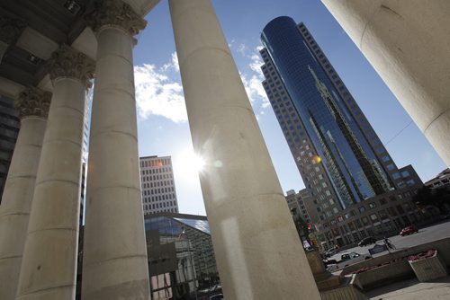 August 11, 2014 - 140811  -  Winnipeg city centre from SE corner of Main and Portage intersection Monday, August 11, 2014.  John Woods / Winnipeg Free Press