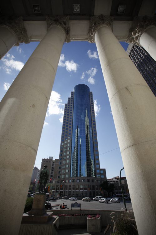 August 11, 2014 - 140811  -  Winnipeg city centre from SE corner of Main and Portage intersection Monday, August 11, 2014.  John Woods / Winnipeg Free Press