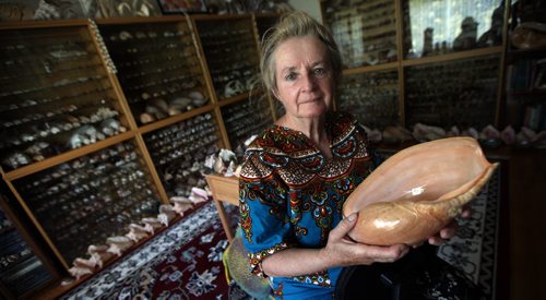 U of Winnipeg's Toxicologist Dr Eva Pip, poses with her sea shell collection, at home near Beausejour. This indomitable environmentalist-some would say polarizing crusader, raises her own food and even her own honey. She's got the simple life down pat. See Alex Paul's GreenPage feature. August 11, 2014 - (Phil Hossack / Winnipeg Free Press)