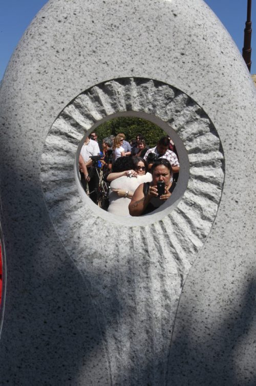 About 150 people including family of missing and murdered indigenous women and girls attended the monument unveiling ceremony by the Oodena Circle at The Forks Tuesday. see web story  Wayne Glowacki/Winnipeg Free Press August 12 2014