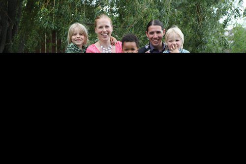 Mayoral candidate Robert Falcon with his wife Catherine (Cantin) along with his children - daughter Abigaelle (2yrs), Edward-5yrs (Green Striped shirt) and Julien-4yrs (plaid, jean shorts).  Also, they have two older children not in the photo - Xavier - 9 yrs and Jacob - 7 yrs.   Aug 12, 2014 Ruth Bonneville / Winnipeg Free Press