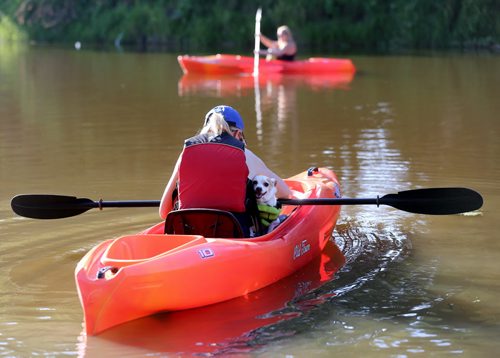 Annette, carrying her dog, Toby, and her daughter, Nadine, carrying Puppy, kayakers on the La Salle River at La Barriere Park, Wednesday, August 13, 2014. (TREVOR HAGAN/WINNIPEG FREE PRESS)