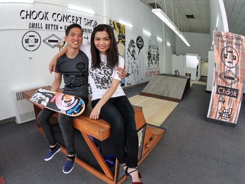 Artist Jonathan Seah and Hannah Chau have opened a Pop-Up store at the corner of Graham Avenue and Vaughn Street called Chook Clothing Company. The urban youth store at 438 Graham which will be open until September 22 features a skateboard ramp and will sell t-shirts and other merchandise and hold gallery events.  140814 August 14, 2014 Mike Deal / Winnipeg Free Press