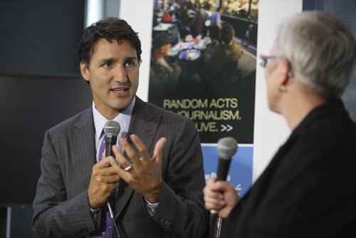 Liberal Party Leader, Justin Trudeau speaks to Shannon Sampert, the new Politics and Perspectives editor, at the Winnipeg Free Press News Cafe, Friday, August 15, 2014. (TREVOR HAGAN/WINNIPEG FREE PRESS)