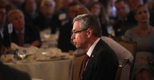 Seemingly alone with his thoughts Joe Oliver reflects after delivering his speech to the Manitoba Chambers of Commerce Friday at the Ft Gary Hotel in Winnipeg. See Larry Kusch story. August 15, 2014 - (Phil Hossack / Winnipeg Free Press)