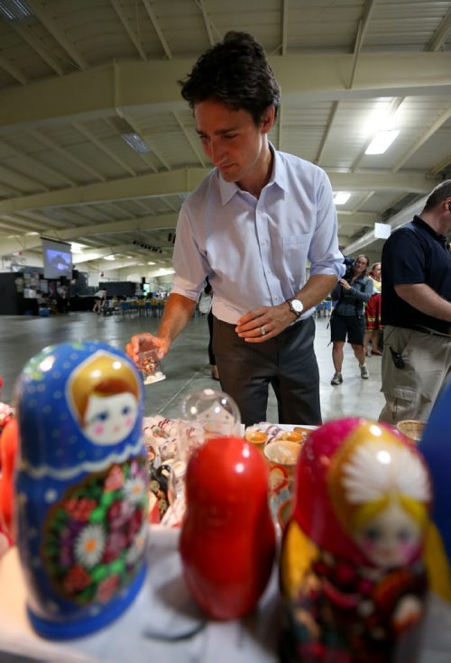 Liberal Party of Canada, Justin Trudeau, behind Ukrainian Nesting Dolls at the Spirit of Ukraine Folklorama Pavillion, Friday, August 15, 2014. (TREVOR HAGAN/WINNIPEG FREE PRESS)