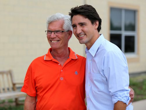 Winnipeg South Centre candidate, Jim Carr, and Liberal Party of Canada, Justin Trudeau at the Israeli Folklorama Pavillion, Friday, August 15, 2014. (TREVOR HAGAN/WINNIPEG FREE PRESS)