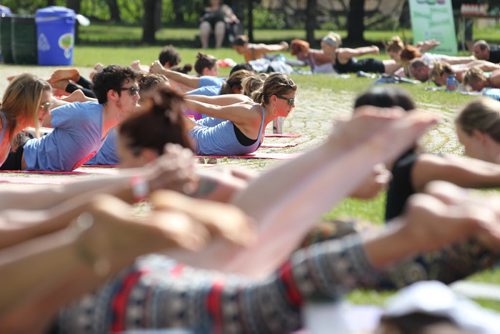ALL-DAY YOGA -  A large gathering of yoga enthusiats participate in one of the largest outdoor yoga and music festivals  at the Scotia Bank Stage at the Forks Saturday. All 3 Moksha Yoga Studios shut their studio doors for the entire day to take things outdoors. Standup photo  Aug 13, 2014 Ruth Bonneville / Winnipeg Free Press