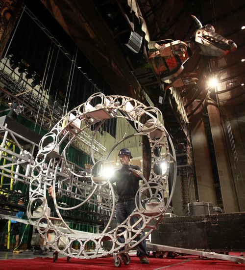 During the stage set up Tuesday, a stage crew member moves "the bubble" to be used by the good witch Glinda in WICKED that runs August 20-30 in the Centennial Concert Hall.  Wayne Glowacki/Winnipeg Free Press August 19 2014