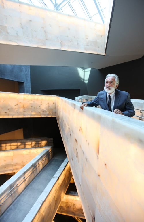 Ralph Appelbaum stands the alabaster ramps at the CMHR Tuesdsay afternoon. his design firm, RAA, was hired by CMHR to be the content curator  for the museum. See Carol Sanders story,  Aug 19, 2014 Ruth Bonneville / Winnipeg Free Press