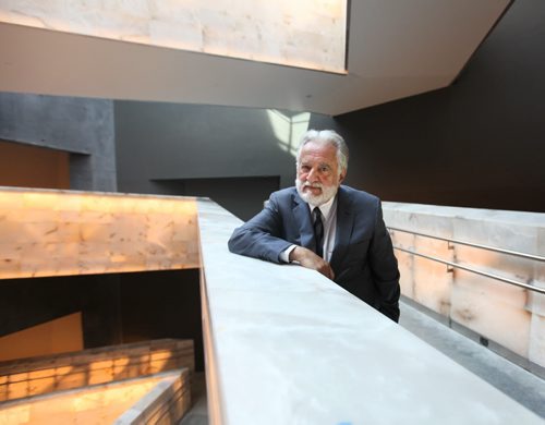 Ralph Appelbaum stands the alabaster ramps at the CMHR Tuesdsay afternoon. his design firm, RAA, was hired by CMHR to be the content curator  for the museum. See Carol Sanders story,  Aug 19, 2014 Ruth Bonneville / Winnipeg Free Press