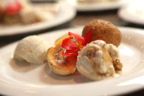 49.8 Feature Chef Rob Thomas Fried coconut dumpling dessert with brule banana, pineapple gelato & dolce de leche gelato.   Aug 20, 2014 Ruth Bonneville / Winnipeg Free Press