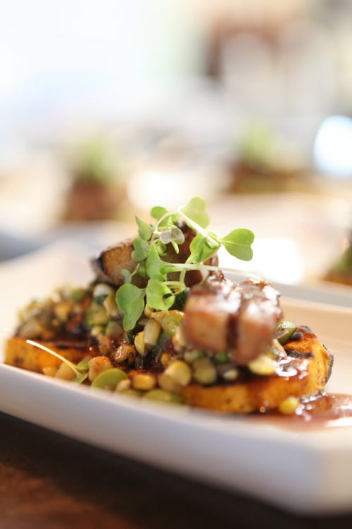 49.8 Feature Chef Rob Thomas First Course,  Ginger pork belly sugar cane skewers with tamarind syrup, edamame sweet corn succotash & grilled sweet potato.  Aug 20, 2014 Ruth Bonneville / Winnipeg Free Press