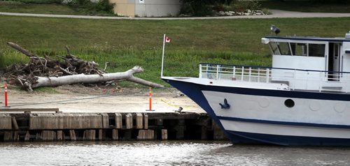 The MS River Rouge docked at the Alexander Dock Wednesday. *detail showing damaged dock, owner says is unsafe....* See story. August 20, 2014 - (Phil Hossack / Winnipeg Free Press)