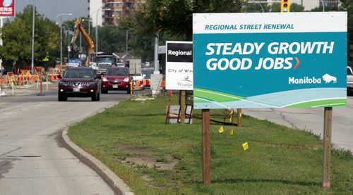 A Steady Growth, Good Jobs provincial government sign on Pembina Hwy.   The PCs say they are a waste of money.  Larry Kusch story Wayne Glowacki/Winnipeg Free Press August 21 2014