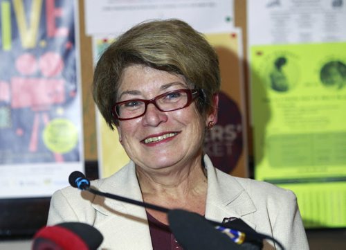 Mayoral candidate Judy Wasylycia-Leis at Knox United Church Monday for her crime prevention announcement .Aldo Santin story Wayne Glowacki/Winnipeg Free Press August 25 2014