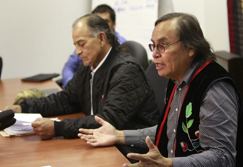 At right, Southern Grand Chief Terry Nelson with ousted southern grand chief Murray Clearsky at a news conference Monday regarding expenses.  Mary Agnes Welch story. Wayne Glowacki/Winnipeg Free Press August 25 2014
