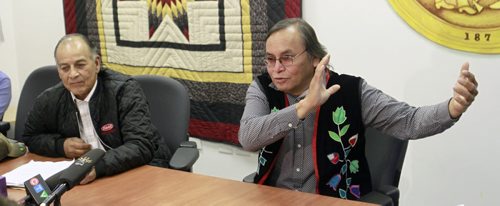 At right, Southern Grand Chief Terry Nelson with ousted southern grand chief Murray Clearsky at a news conference Monday regarding expenses.  Mary Agnes Welch story. Wayne Glowacki/Winnipeg Free Press August 25 2014