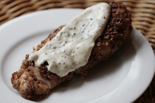 August 25, 2014 - 140825  -  Pecan-encrusted chicken breast with mustard-mayo sauce for Recipe Swap. Photographed Monday, August 25, 2014.  John Woods / Winnipeg Free Press