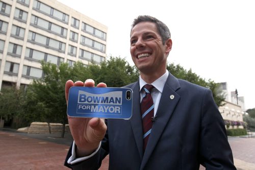 Winnipeg mayoral candidate Brian Bowman shows off his custom designed smart phone case before his announcement at City Hall Tuesday-See Mary Agnes Welch  story- Aug 26, 2014   (JOE BRYKSA / WINNIPEG FREE PRESS)