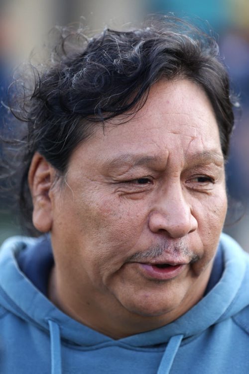 Patrick Hall, Faron Hall's uncle, speaking on behalf of the family outside the Thunderbird House prior to an all night wake in his honour, Tuesday, August 26, 2014. (TREVOR HAGAN/WINNIPEG FREE PRESS)