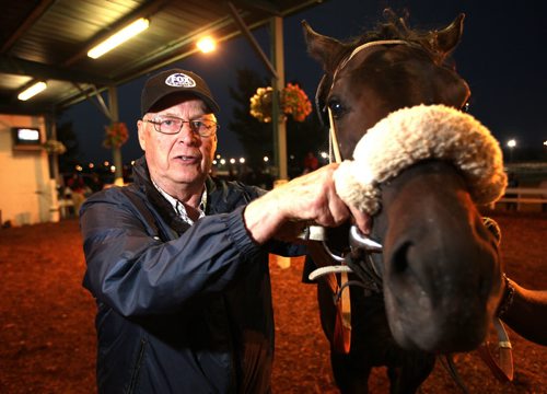 Gary Danelson -- all time leading trainer at Downs, saddled Dyna Ice the 7th horse in the 6th race tonight. Fifty five years ago this week he saddled his first winner at the Downs. See story.  August 27, 2014 - (Phil Hossack / Winnipeg Free Press)