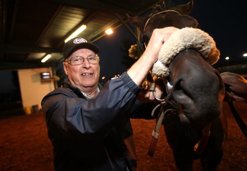 Gary Danelson -- all time leading trainer at Downs, saddled Dyna Ice the 7th horse in the 6th race tonight. Fifty five years ago this week he saddled his first winner at the Downs. See story.  August 27, 2014 - (Phil Hossack / Winnipeg Free Press)
