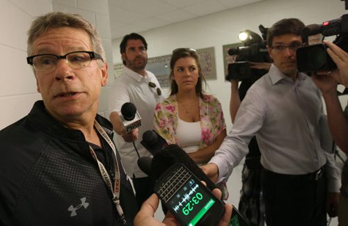 Bison football head coach Brian Dobie comments on former Manitoba Bisons defensive player Ranji Atwall second doping violation  See Paul Wiecek story- Aug 28, 2014   (JOE BRYKSA / WINNIPEG FREE PRESS)