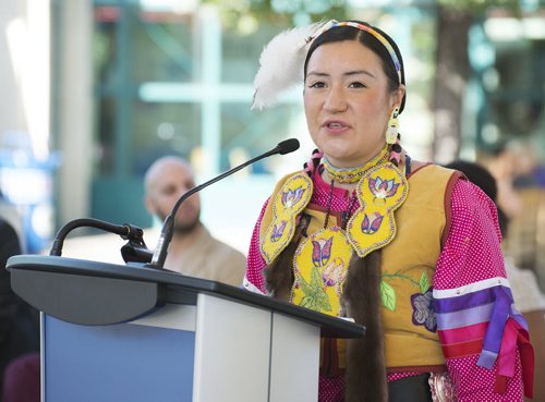 Shannon Bear from Peguis First Nations speaks at the Forks on Thursday as the Canadian Museum of Human Rights reveals their opening weekend's performances on September 20th and 21st. Sarah Taylor / Winnipeg Free Press August 28, 2014