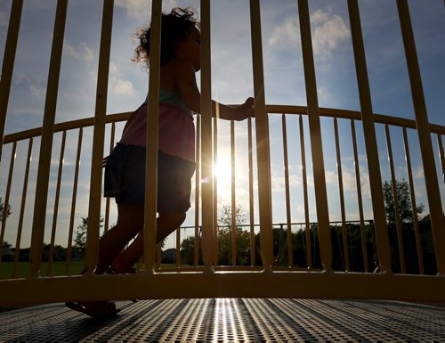 Aubree Delorme, 2, plays on a structure in a park on Shorehill Drive in St.Vital, Thursday, August 28, 2014. (TREVOR HAGAN/WINNIPEG FREE PRESS)