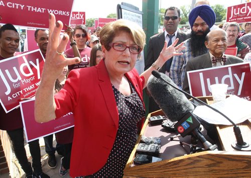 Mayoral candidate Judy Wasylycia-Leis makes a passionate speech outside her campaign office on Portage Ave Tuesday morning- Standup Photo- Sept 02, 2014   (JOE BRYKSA / WINNIPEG FREE PRESS)