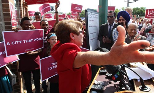Mayoral candidate Judy Wasylycia-Leis makes a passionate speech outside her campaign office on Portage Ave Tuesday morning- Standup Photo- Sept 02, 2014   (JOE BRYKSA / WINNIPEG FREE PRESS)