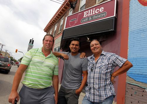 Jeremy Torrie, Adam Beach, and Jim Compton. The old Ellice Cafe was bought by the agoriginal group. On occasion of receiving $50,000 donation from South Beach Casino for Adam Beach Film institute. BORIS MINKEVICH / WINNIPEG FREE PRESS  Sept. 2, 2014