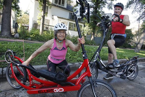 September 2, 2014 - 140902  -  Bob Steinberg and his wife Julie Gold Steinberg show of their new elliptical bike in Winnipeg Tuesday, September 2, 2014.  John Woods / Winnipeg Free Press