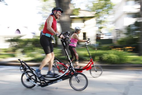 September 2, 2014 - 140902  -  Bob Steinberg and his wife Julie Gold Steinberg show of their new elliptical bike in Winnipeg Tuesday, September 2, 2014.  John Woods / Winnipeg Free Press