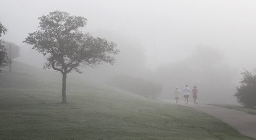 It was a foggy Wednesday morning start for joggers at Westview Park. Wayne Glowacki/Winnipeg Free Press Sept.3 2014