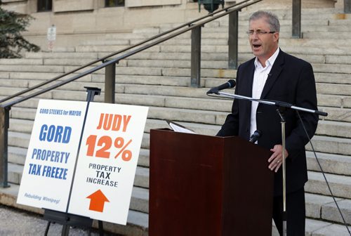 Mayor Candidate Gord Steeves attcaks Judy Wasylycia-Leis on  property tax increase  and connections to Provincial NDP . Wednesday, 1 pm makes announcement on the  front steps of MB Legislature .Aldo story  : city/santin SEPT  3 2014 / KEN GIGLIOTTI / WINNIPEG FREE PRESS