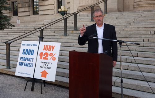 Mayor Candidate Gord Steeves attacks Judy Wasylycia-Leis on  property tax increase  and connections to Provincial NDP . Wednesday, 1 pm makes announcement on the  front steps of MB Legislature .Aldo story  : city/santin SEPT  3 2014 / KEN GIGLIOTTI / WINNIPEG FREE PRESS