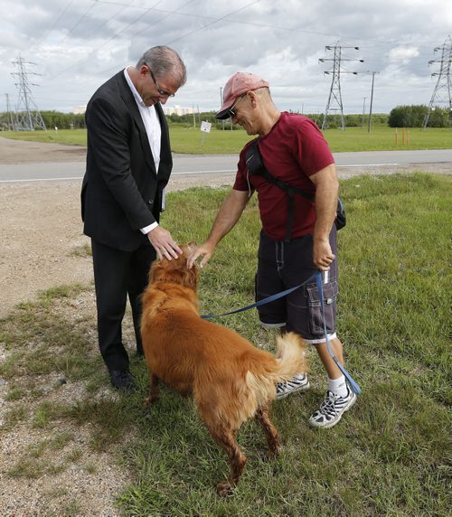 Steeves talks with dog owner Robert Bagnercy with his dog Tucker  near dog park  along the Parker Lands  at Hurst Way .Mayor Candidate Gord Steeves challenges  Judy Wasylycia -Leis  BRT  financing at a news cofrence  held  on the Parker Lands  an area that may be used for the BRT .  SEPT  4 2014 / KEN GIGLIOTTI / WINNIPEG FREE PRESS