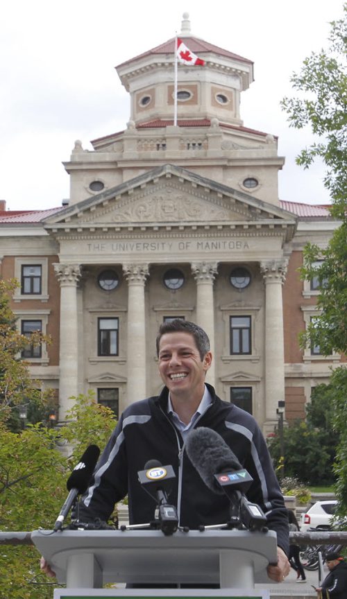 Mayoral Candidate Brian Bowman makes a  policy announcement at the University of Manitoba Fort Garry Campus Thursday. Aldo Santin story Wayne Glowacki/Winnipeg Free Press Sept.4 2014